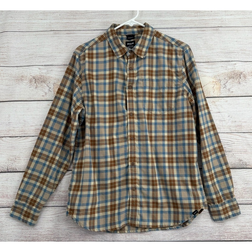 prAna Button Down Shirt Mens Small Brown Blue Plaid Organic Cotton Standard Fit